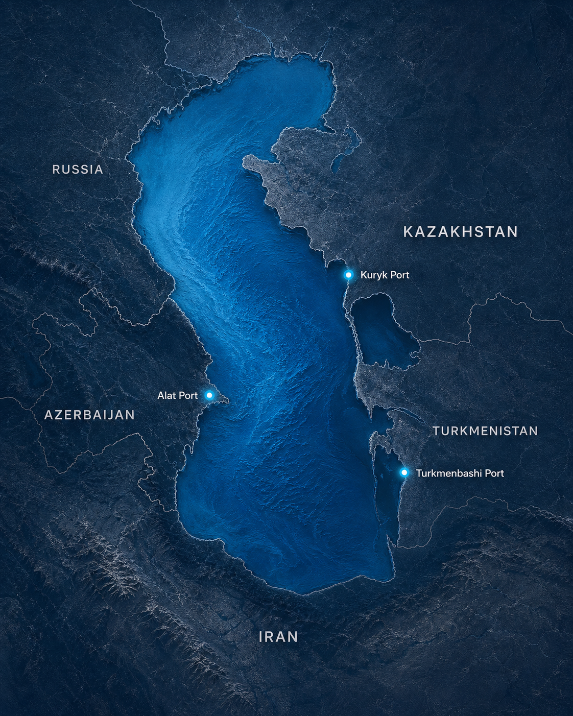 Caspian Sea map showing Alat, Aktau, Kuryk and Turkmenbashi ports